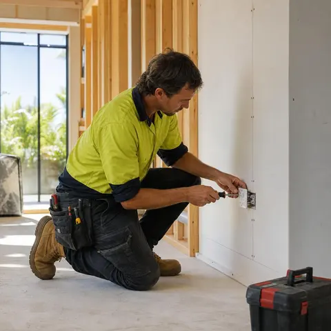 Illustrative image of an electrician installing a wall outlet during a home renovation.