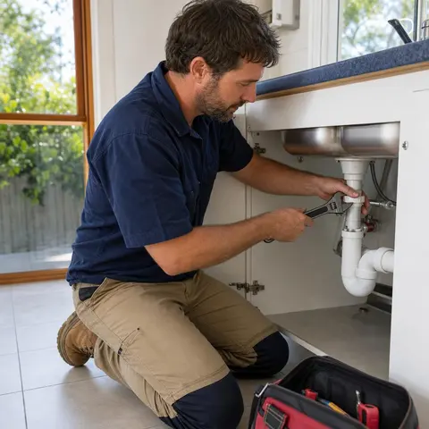 Illustrative image of a plumber fitting pipework beneath a kitchen sink.